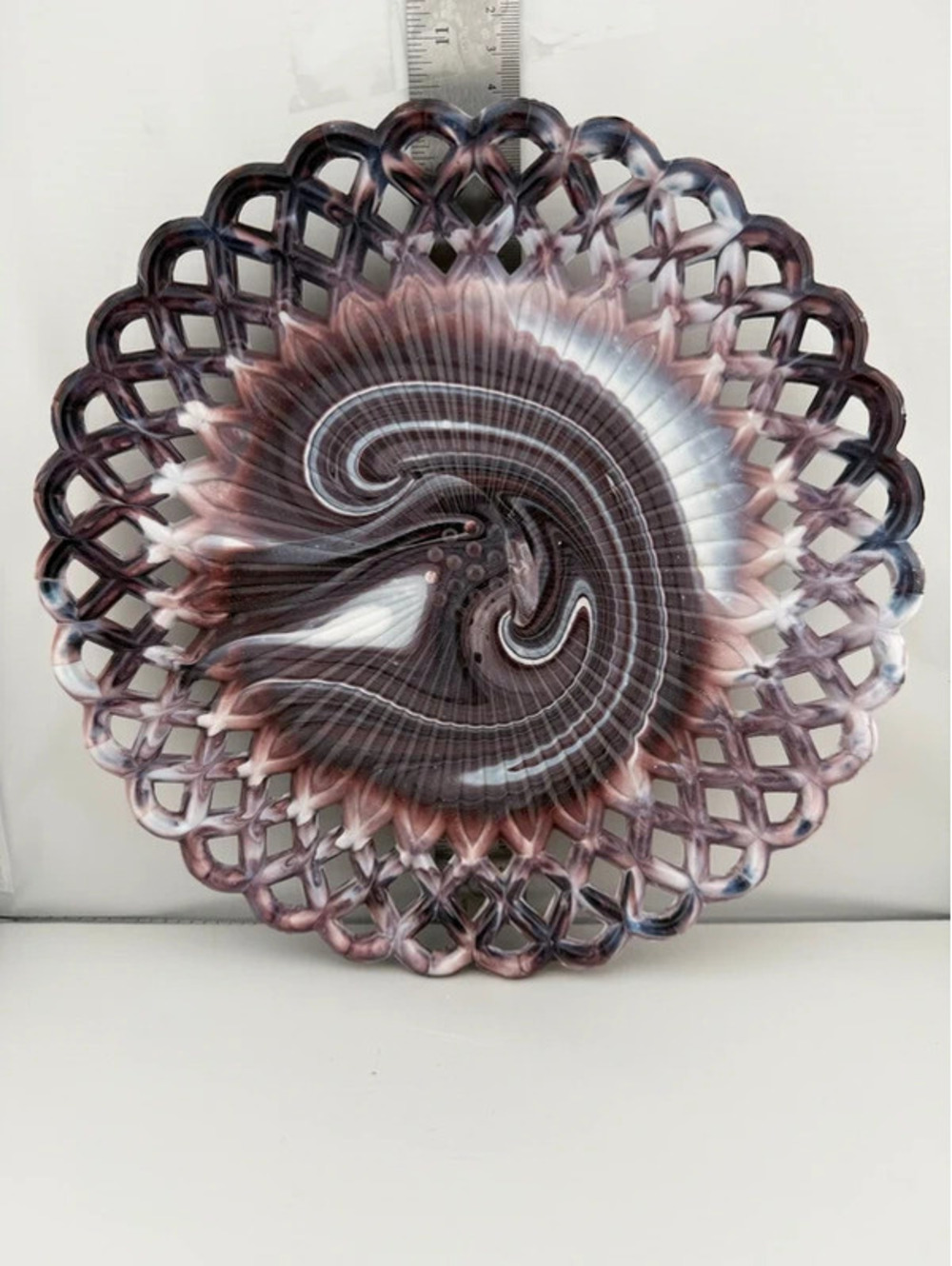 Vintage Purple & White Slag Glass Open Lace Lattice Plate 10.5"